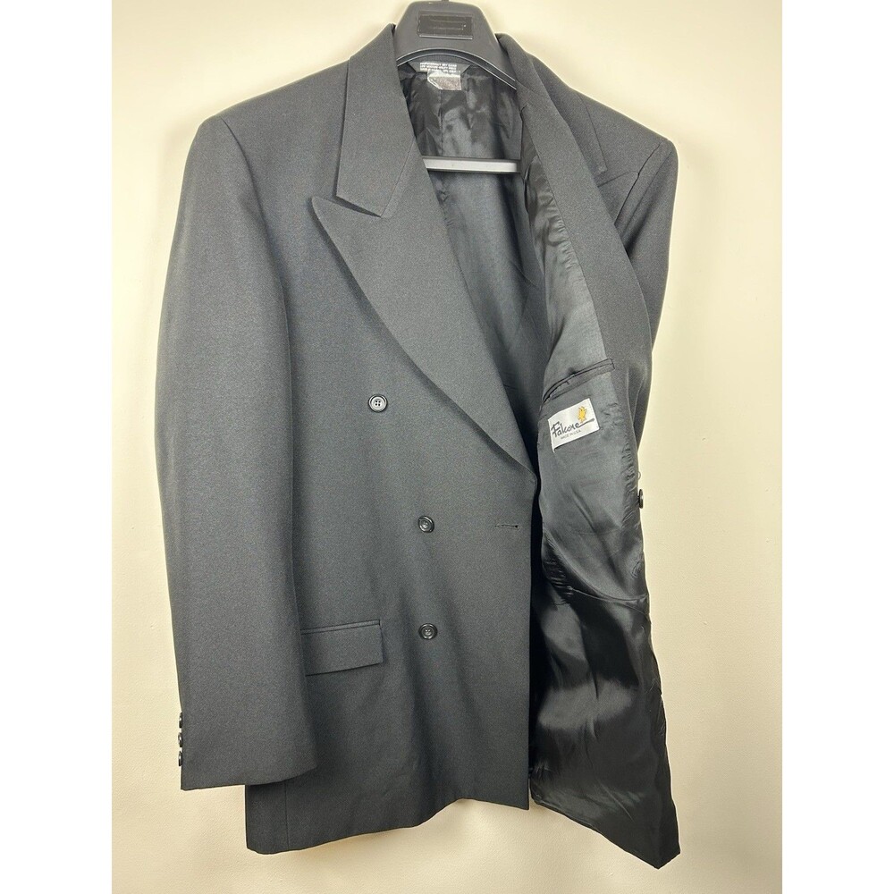 Vintage falcon Double Breasted Black Suit Wool Blazer 40L Wide Notched Lapels